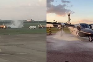 Avião de pequeno porte pega fogo após pouso no aeroporto de Maringá e bombeiros combatem as chamas; veja o momento