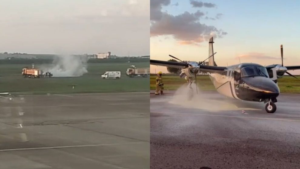 Avião de pequeno porte pega fogo após pouso no aeroporto de Maringá e bombeiros combatem as chamas; veja o momento