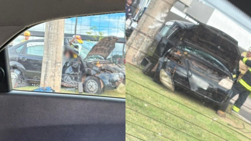 Carro roda na pista e atinge poste na Avenida Nildo Ribeiro, em Maringá; motorista fica presa às ferragens