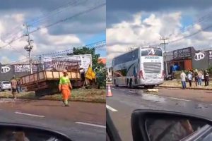 Caminhão entra de repente na BR-376 entre Sarandi e Marialva e provoca acidente com ônibus e carreta; vídeo