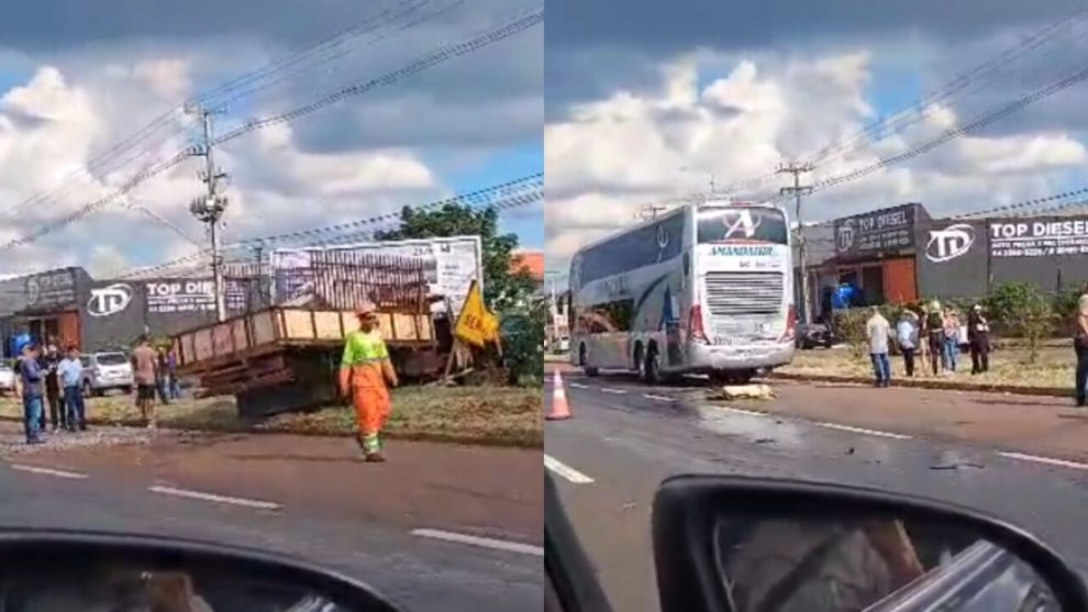 Caminhão entra de repente na BR-376 entre Sarandi e Marialva e provoca acidente com ônibus e carreta; vídeo