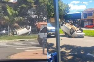 Carro perde controle e capota em batida envolvendo 4 veículos; vídeo mostra o acidente