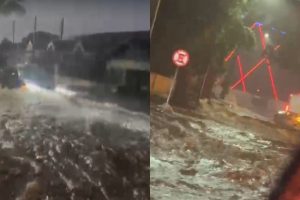 Enxurrada deixa carros 'ilhados' em vias de Maringá; VÍDEOS