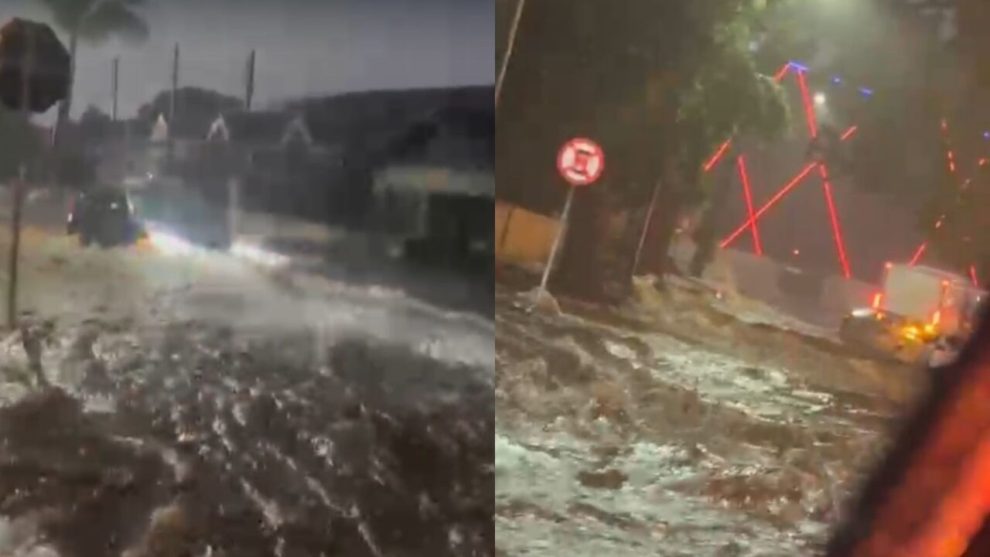 Enxurrada deixa carros 'ilhados' em vias de Maringá; VÍDEOS