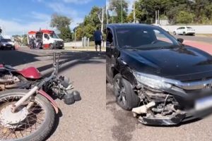Motociclista de 59 anos que transportava mandioca fica em estado grave após colisão na Avenida Carlos Borges, em Maringá
