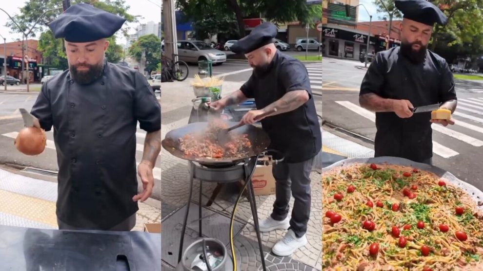 Personal chef que 'cozinha na rua' viraliza ao preparar macarronada em esquina movimentada de Maringá; vídeo