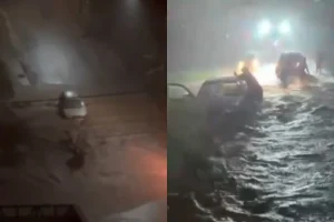 carro fica ilhado em alagamento, é quase arrastado e precisa ser amarrado em poste após fortes chuvas na região