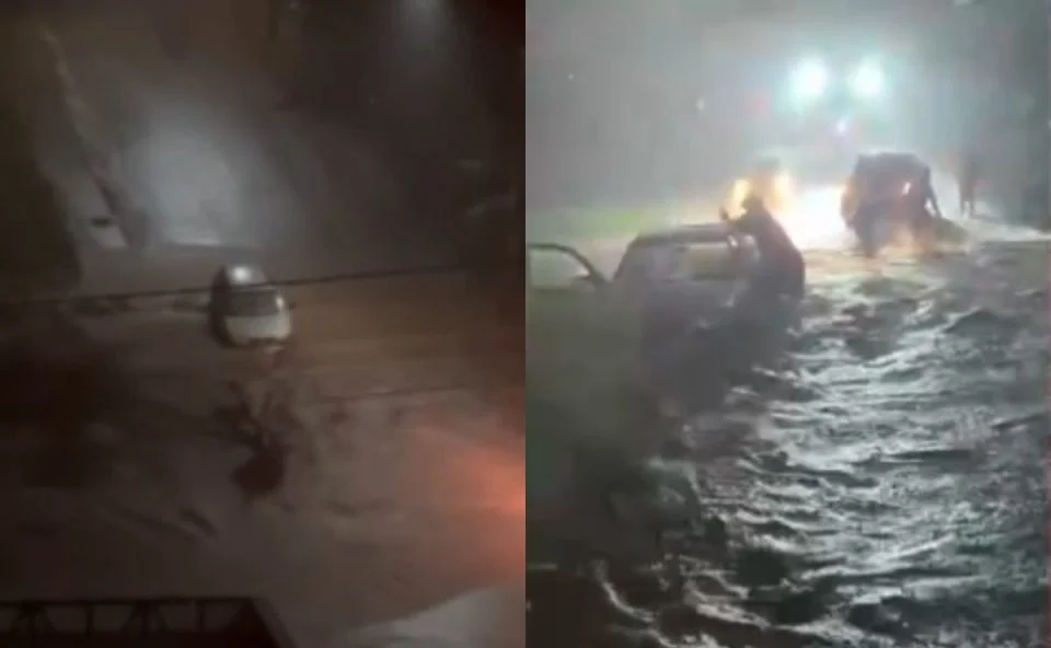 carro fica ilhado em alagamento, é quase arrastado e precisa ser amarrado em poste após fortes chuvas na região