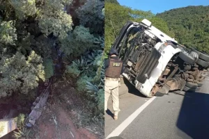 Caminhão cai 80 metros em acidente na BR-277 e passageira morre ejetada no PR