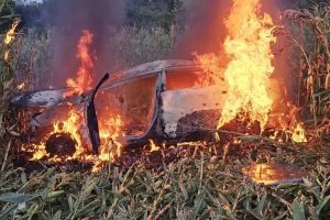 Veículo capota e é destruído por incêndio em rodovia da região; veja