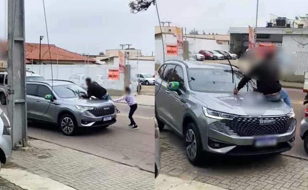 Vídeo mostra motorista em cima de capô de carro durante briga de trânsito no PR; veja