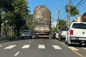 Vídeo flagra caminhão derrubando semáforo após atingir galhos e fios em avenida de Maringá; assista