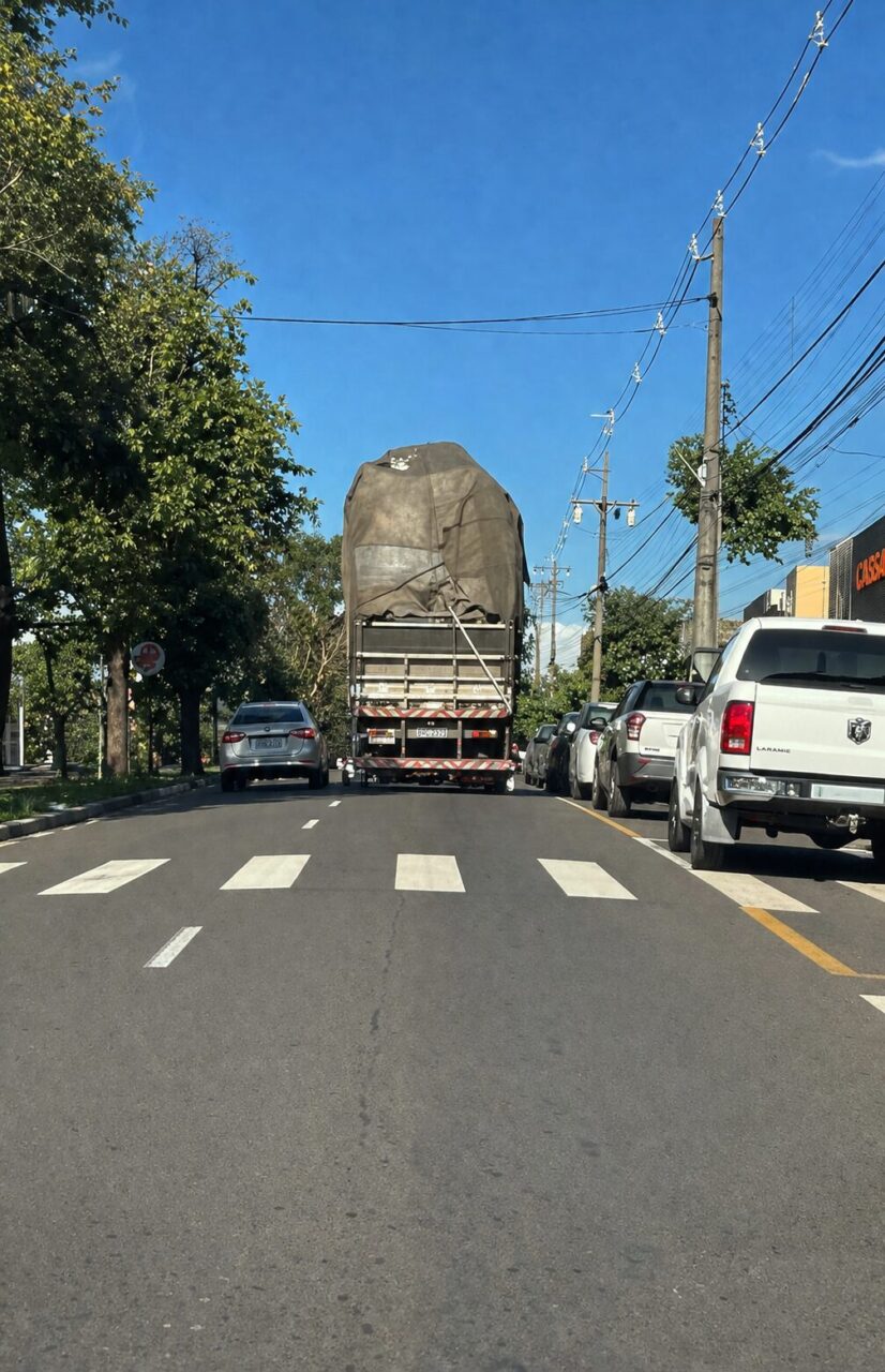 Vídeo flagra caminhão derrubando semáforo após atingir galhos e fios em avenida de Maringá; assista